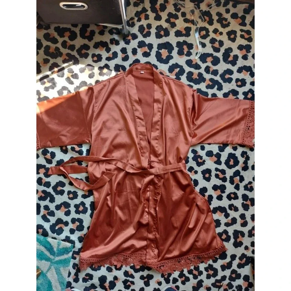 Women's Robe Satin Feel with Lace Trim - Copper Cinnamon sz xxl xxxl